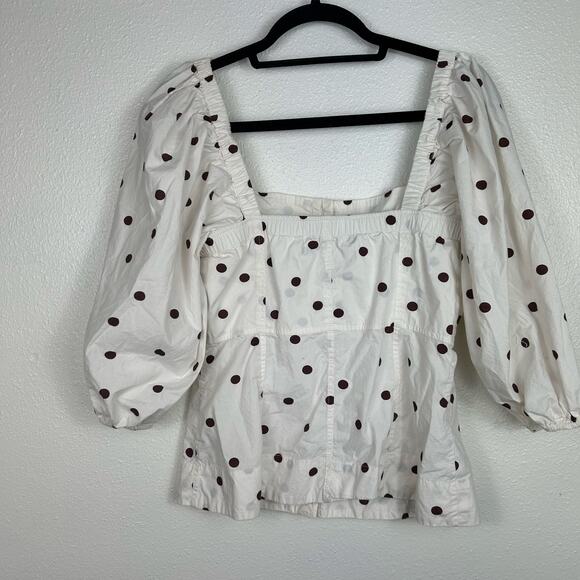 Ganni Polka Dot Printed Cotton Poplin Square Neck Top White Brown Sz 6 - Picture 9 of 9